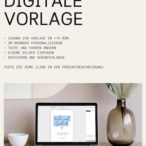 May include: A laptop computer displaying a digital template for a card that says "Karten und Geschenke" with a blue and white design. The laptop is on a wooden table with a vase of dried flowers and a white bowl.