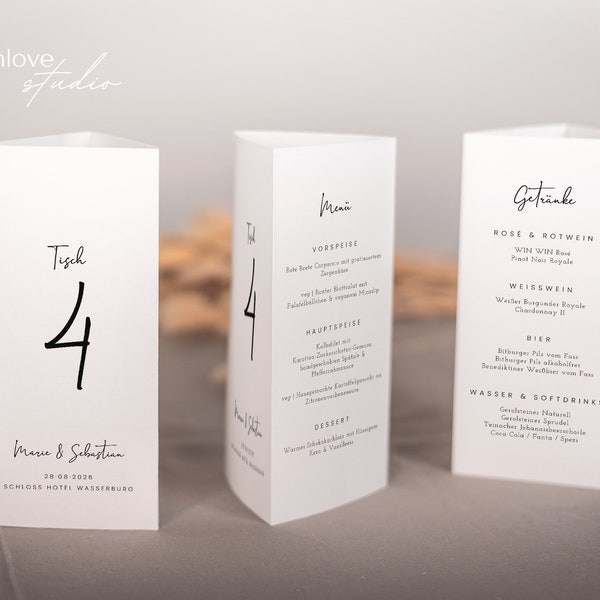TIMON Modern table number, template three-sided stand, wedding menu with drinks menu, daily schedule table, PDF print, instant download