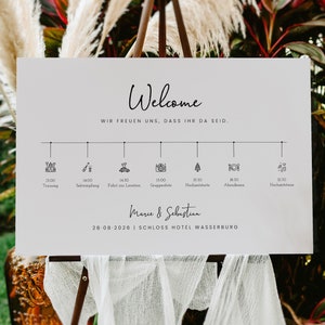 TIMON welcome sign with daily schedule and icons, digital DIY template, wedding program, instant download, PDF | DIN A1–A4