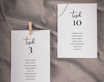 Brush Script Edit – Seating chart cards for hanging, digital DIY template, guest seating arrangement, printable floor plan, instant download | DIN A6