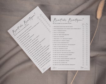 May include: A printable game for a wedding shower or bridal party. The game is called "Bride or Groom?" and asks 20 questions about the couple. The player circles the answer for each question.