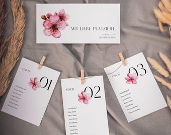 Sakura Bloom Edit – Hanging Seating Plan Cards, Digital DIY Template, Guest Seating Arrangement, Printable Table Plan, Instant Download | DIN A6