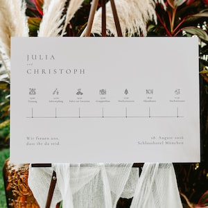 Pode incluir: Um cartaz branco com uma linha do tempo do casamento para Julia e Christoph. O cartaz lista os horários da cerimônia, recepção, jantar e dança. O cartaz também inclui a data e o local do casamento: 28 de agosto de 2026 no Schlosshotel München.