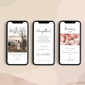 May include: Three smartphone screens with wedding and bridal shower invitations. The first screen says "Save the Date" with a photo of a couple in a field. The second screen says "Wir pattern!" with the text "02. JUNI 2026 16 UHR MILANWEG 2, KÖLN Marie & Sebastian" The third screen says "Marie's JGA" with a photo of pink flowers and the text "18. JULI 2026 11 UHR RESTAURANT OX & KLEE, KÖLN"