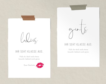 NALA Notfallkörbchen Hochzeit, Schild Damen und Herren, Ladies gents bedient euch, Damen Herren Toilette, Hochzeitsdekoration, A4, A5 Poster