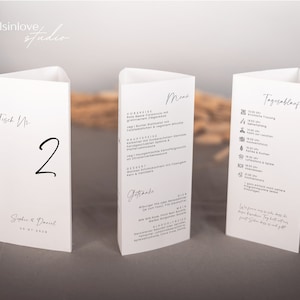 SARABI Dreiseitiger Aufsteller, digitale DIY Vorlage, Hochzeitsmenü, Programm, Tagesablauf, Tischnummer, personalisierbar, Sofort Download