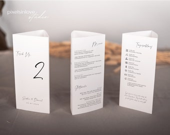 Modern Minimal Edit – Three-sided display stand, digital DIY template, wedding menu, program, timeline, customizable, instant download