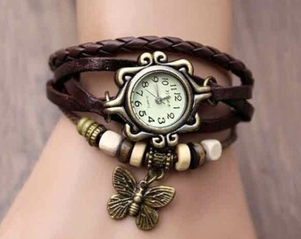 Leather strap with watch, brown, stylishly decorated leather strap with integrated watch in vintage look