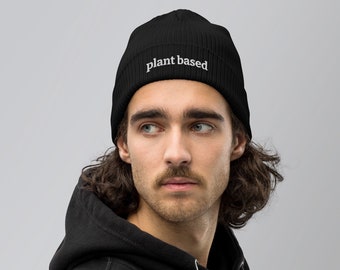 Plant Based Organic ribbed beanie embroidered vegan eco friendly