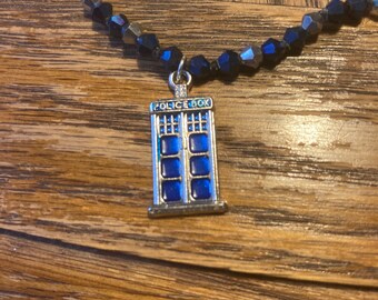 Blue police box necklace with electric blue and silver beads