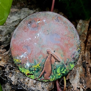 Enameled Copper Moon Gazing Hare Pendant