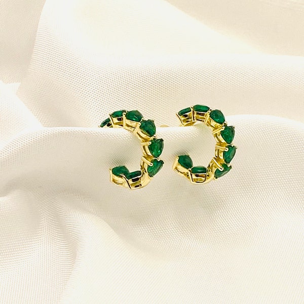 Green heart hoops, C hoops, Green CZ Hoops, Minimalist hoops, Cz Earrings, eternity Hoops, Dainty hoops, Emerald hoops, gold plated Hoops