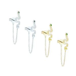 Snake Chain Earrings, Kaan Chain Earring, Sterling silver CZ earring, CZ snake earring, serpent Earring, Green Eye Snake