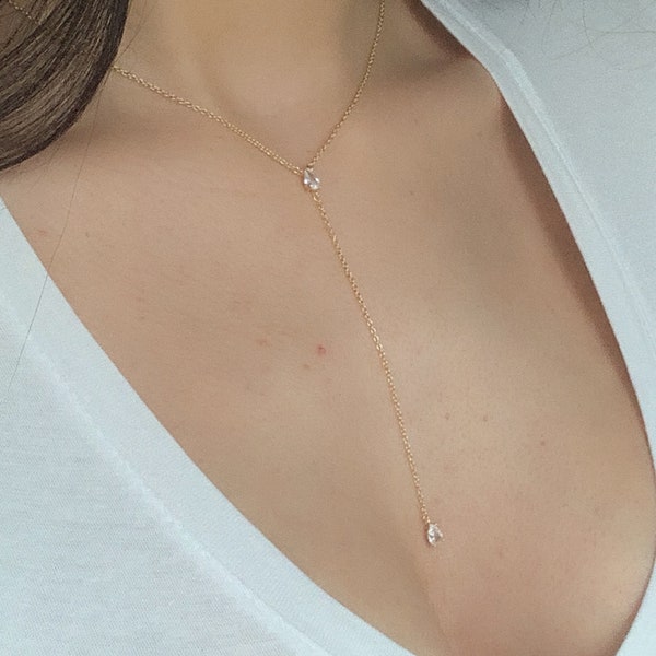 Lariat Necklace , Dainty Lariat Necklace, CZ lariat Necklace, Tear Drop necklace, Layering Necklace, Gold Long Necklace, Minimalist Necklace