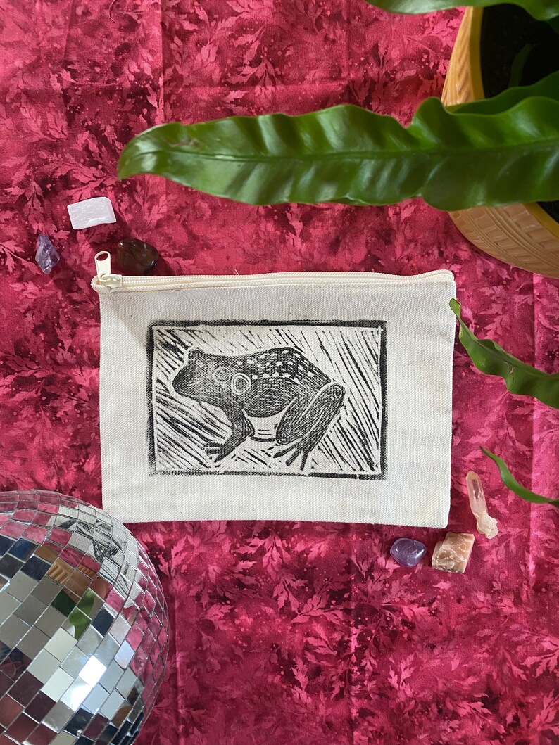 Frog Zipper Bag 6.5x9 Gifts for Frog Lovers Nature Lover Pencil Case Funky Make Up Bag Hand Carved Block Printed Design image 3