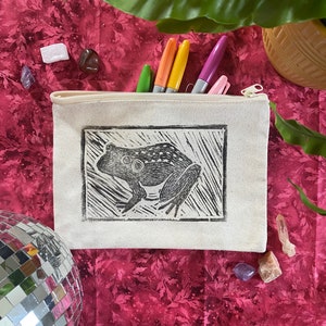 Frog Zipper Bag 6.5x9 Gifts for Frog Lovers Nature Lover Pencil Case Funky Make Up Bag Hand Carved Block Printed Design image 1