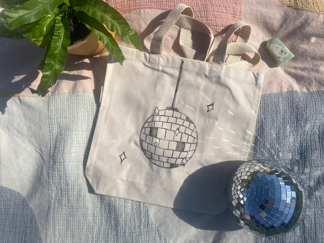 Disco Ball Tote Bag Mirrorball Tote Summer Bag Farmer's Market Handmade Block Print Cotton Tote