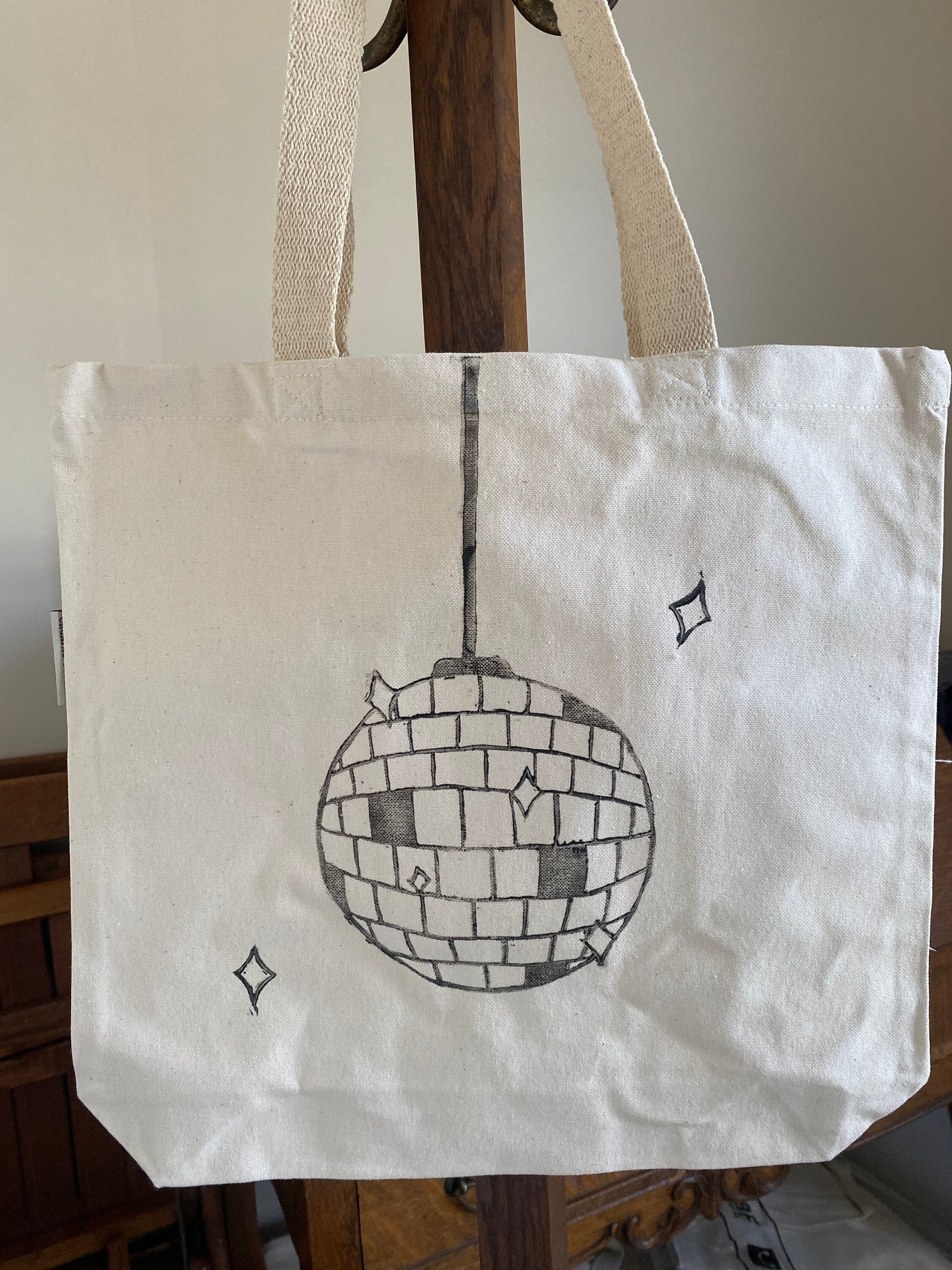 Disco Ball Tote Bag Mirrorball Tote Summer Bag Farmer's Market Handmade Block Print Cotton Tote