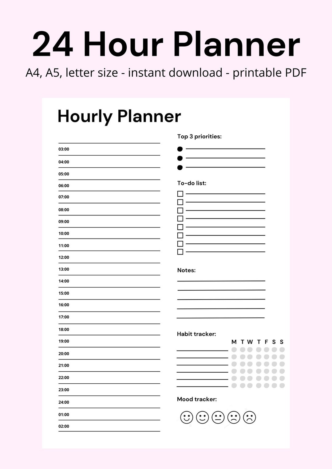 24 Hour Daily Planner, Instant Download, Printable PDF, 4A, 5A, Letter ...
