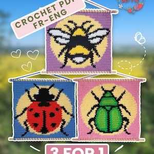 Set of 3 crochet tapestry patterns featuring insects in PDF format (French and English): Bumblebee, Ladybug, Beetle