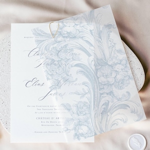 Superposición de vitela con hojas florales azules francesas para tarjetas de invitación de boda, vitela precortada de 5 x 7, vitela de bellas artes, papelería de boda vintage, envoltura