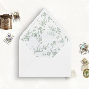 Forest Green Toile Printable Envelope Liner, A7, Euro Flap, Square Flap, 6.5 Square, A6, 5.75 Square, 4 Bar, A2 for 5x7 Invitation Card