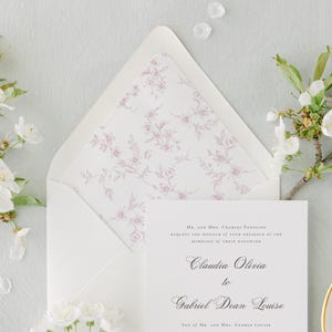 Gebrauchsfertige Envelope Liner, französisches rosa Chinoiseries-Toile, französische Hochzeit, rosa floraler Liner, A7 Umschlag Liner