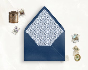 Navy Moroccan Tile Printable Envelope Liner, A7, Euro Flap, Square Flap, 6.5 Square, A6, 5.75 Square, 4 Bar, A2 for 5x7 Invitation Card