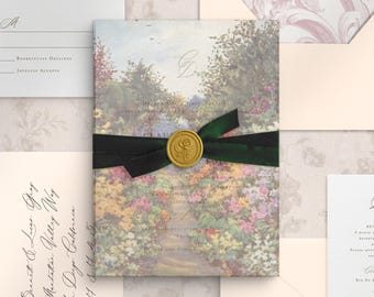 May include: A wedding invitation suite featuring a central card with a garden landscape print, wrapped in a dark green velvet ribbon and secured with a gold rose wax seal. Includes matching cream envelopes, an RSVP card, and address labels.