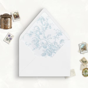 French Blue Rose Toile Printable Envelope Liner, A7, Euro Flap, Square Flap, 6.5 Square, A6, 5.75 Square, 4 Bar, A2 for 5x7 Invitation Card image 1