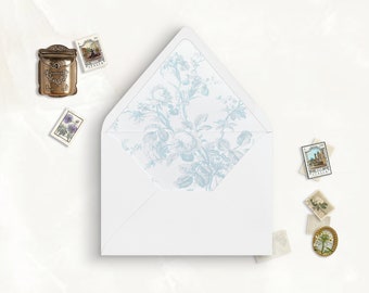 French Blue Rose Toile Printable Envelope Liner, A7, Euro Flap, Square Flap, 6.5 Square, A6, 5.75 Square, 4 Bar, A2 for 5x7 Invitation Card