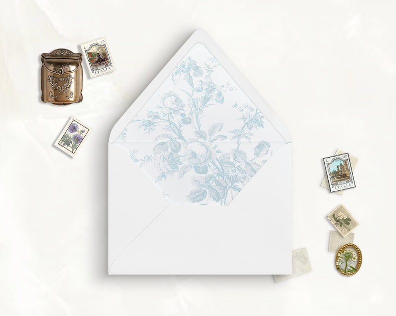 French Blue Rose Toile Printable Envelope Liner, A7, Euro Flap, Square Flap, 6.5 Square, A6, 5.75 Square, 4 Bar, A2 for 5x7 Invitation Card image 1