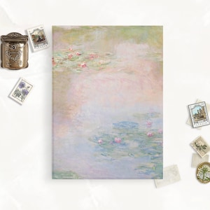 May include: A painting of a water lily pond with pink flowers and green lily pads. The water is a soft blue and the background is a hazy white.