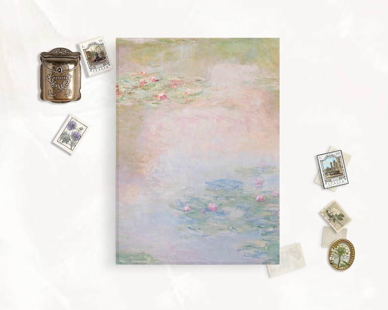 May include: A painting of a water lily pond with pink flowers and green lily pads. The water is a soft blue and the background is a hazy white.