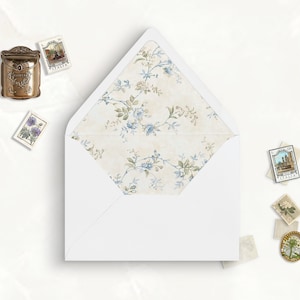 Fodera per busta stampabile floreale blu vintage, A7, lembo europeo, lembo quadrato, 6,5 quadrati, A6, 5,75 quadrati, 4 barre, A2 per biglietti d'invito 5x7