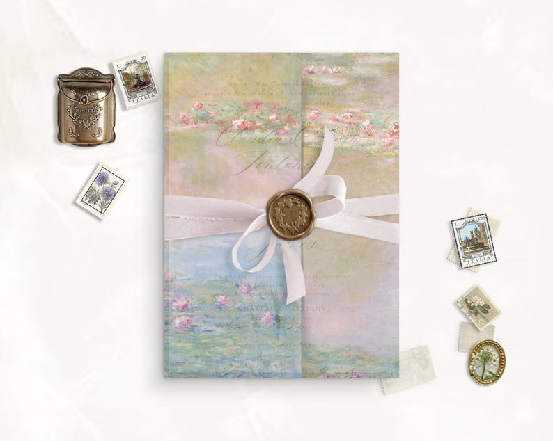 May include: A watercolor-style invitation card with a light blue, green, and pink background. The card features a floral design with a white ribbon and a gold wax seal. The card is folded in half and has a blank space for writing.