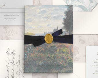 May include: A wedding invitation suite featuring a central card with an impressionist landscape painting, a dark blue ribbon, and a gold wax seal. The set includes a matching envelope with a floral liner, an RSVP card, and a hand-addressed mailing envelope.