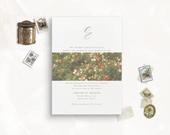 May include: A wedding invitation with a floral design and the text "Mr. and Mrs. Charles Fontaine request the honour of your presence at the on the Eighteenth day of August, Saturday Two Thousand Twenty Four at one o'clock in the evening Chateau d'ArtignY Rue De Monte Steve Montraban, France Dinner and Dancing to Follow"