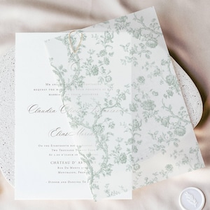 Sobreposição de velino Forest Green Toile para convite de casamento, velino pré-cortado 5x7, velino de belas artes, papelaria vintage para casamento, jaqueta de velino