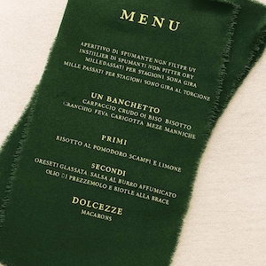 シルク生地メニュー、金箔シルクウェディングメニュー、シルク招待状、布メニュー、印刷メニュー、カスタムメニュー、テーブルメニュー、リネンメニュー