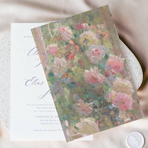 Superposition vintage en vélin roses roses pour carte d'invitation de mariage, vélin 5 x 7, vélin beaux-arts, papeterie de mariage vintage, veste en vélin