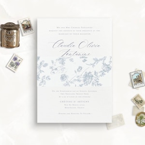 Vorgeschnittenes Perlmuttbauchband für Hochzeitseinladungskarte, French Blue Toile, Bauchband für 13x18er Einladungskarte, Perlmuttband, Pergamentverpackung