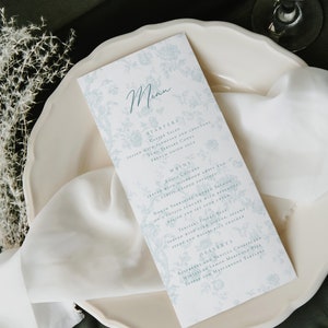 Modelo de menu de toile azul pó para impressão, menu de festa no jardim, menu de chá de panela, menu de almoço, menu de chá de bebê, menu de café