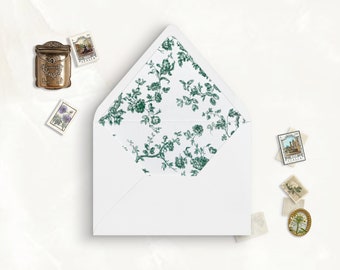 Forest Green Toile Printable Envelope Liner, A7, Euro Flap, Square Flap, 6.5 Square, A6, 5.75 Square, 4 Bar, A2 for 5x7 Invitation Card