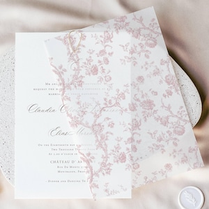 Sobreposição de velino de toile rosa francês para cartão de convite de casamento, velino pré-cortado 5x7, velino de belas artes, papelaria de casamento vintage, jaqueta de velino