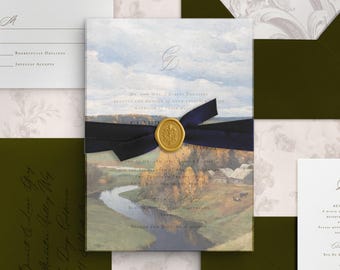 Può includere: Un set di partecipazioni di nozze con una carta centrale raffigurante un dipinto paesaggistico di un fiume e della campagna, legato con un nastro blu scuro e un sigillo in ceralacca dorato. Include buste verde oliva, una carta RSVP e una informativa.