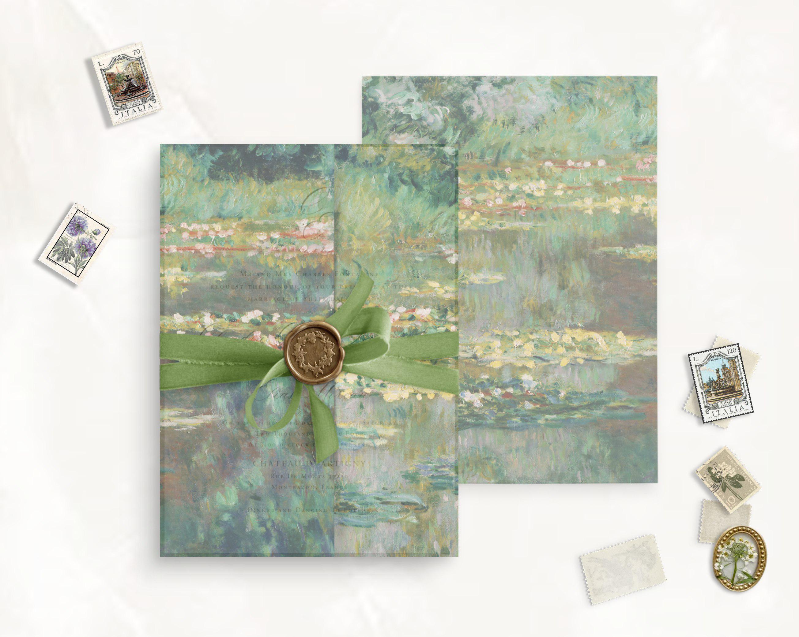 Ready-cut Waterlilies II Vellum Wrap, print vellum jacket, vellum jacket for wedding invites, vellum wrap wedding, vellum wrap