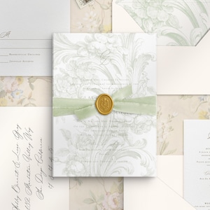 Sage Green Floral Leaf Printable Vellum Overlay for wedding invitation, fine art vellum, vintage french wedding stationery, vellum jacket
