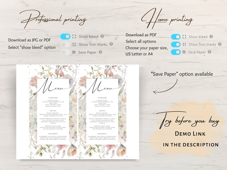 BLOOM Menu Template Wildflowers Wedding Menu Floral Bridal Shower Menu