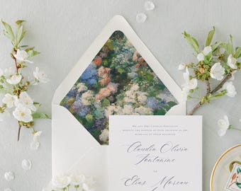 Pre-cut Hollyhocks Envelope Liner, Wedding envelope liner, Printed liner, Custom wedding stationery, Precut envelope liner